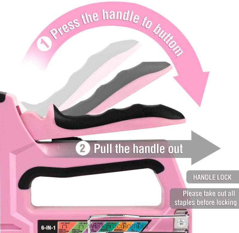 WORKPRO Pistola de clavos para tapicería, clavadora manual 6 en 1 JP02P59 herramienta rosa/gris