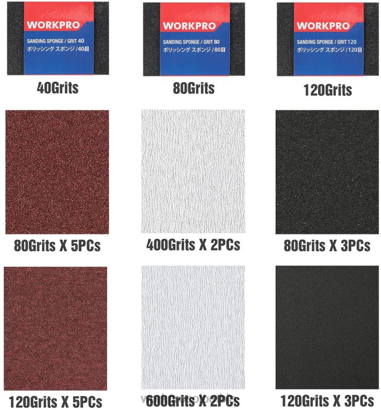 WORKPRO 24 paquetes de papel de lija de grano surtido 80-600 con soporte JP02P150 herramienta útil