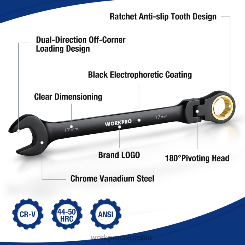 WORKPRO Juego de llaves antideslizantes de cabeza flexible con combinación de trinquete de 8 piezas JP02P80 herramienta moderno