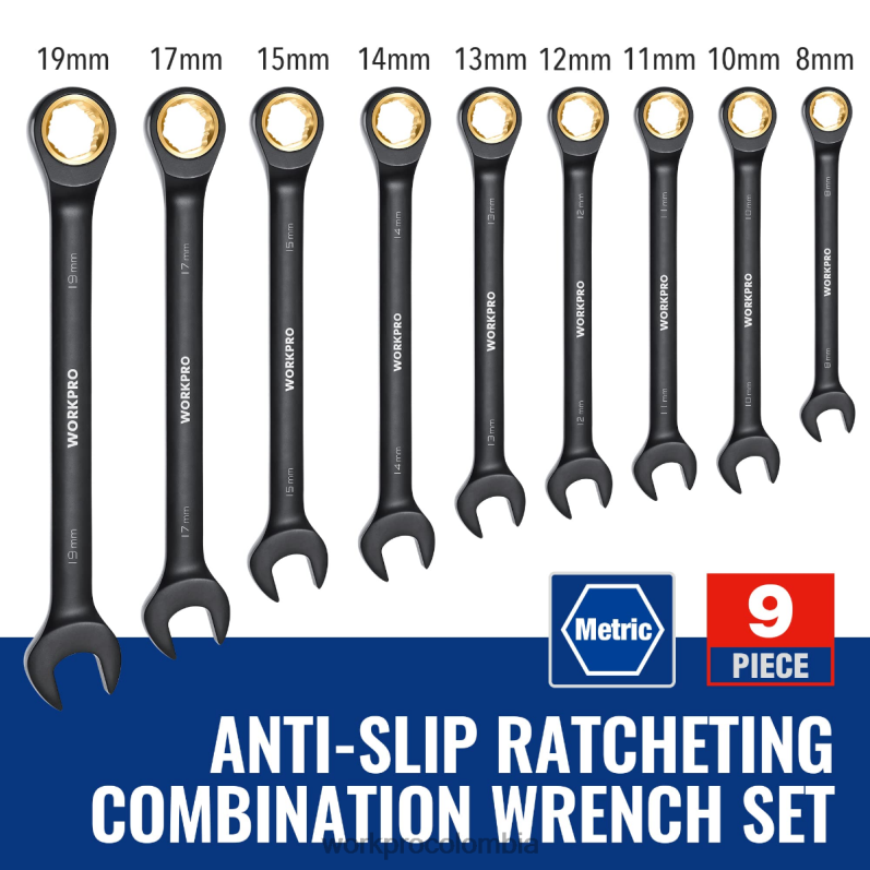 WORKPRO Juego de llaves combinadas con trinquete antideslizante de 9 piezas JP02P88 herramienta negro