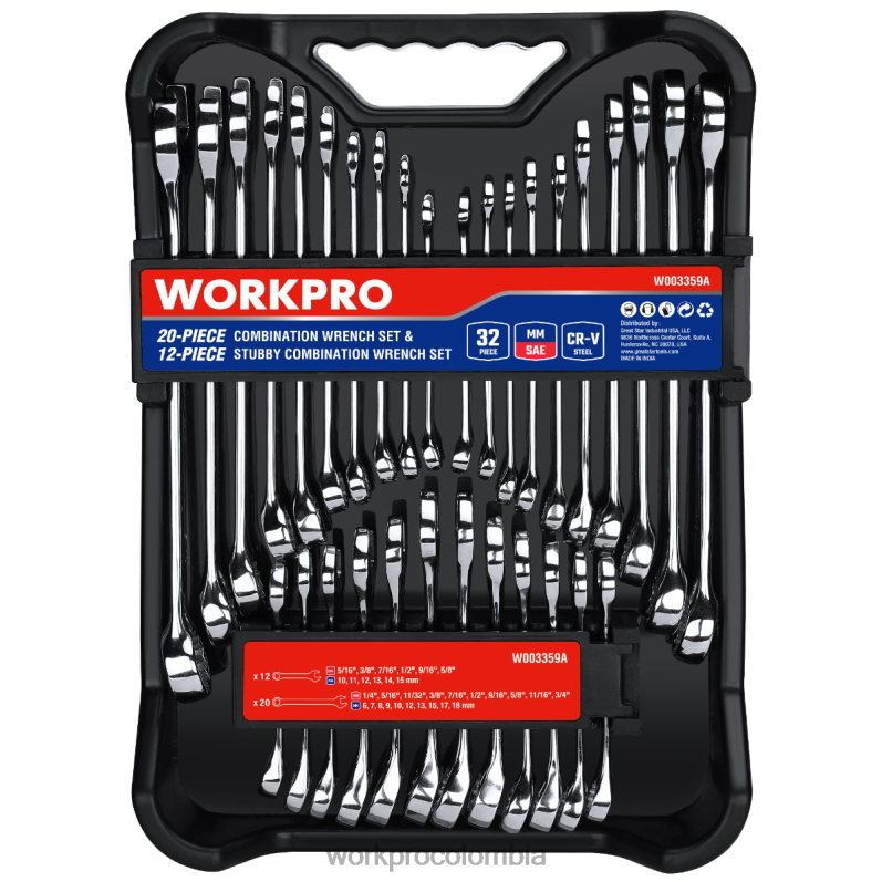 WORKPRO Juego de llaves regulares y rechonchas de 12 puntos con combinación sae y métrica de 32 piezas JP02P92 herramienta moderno