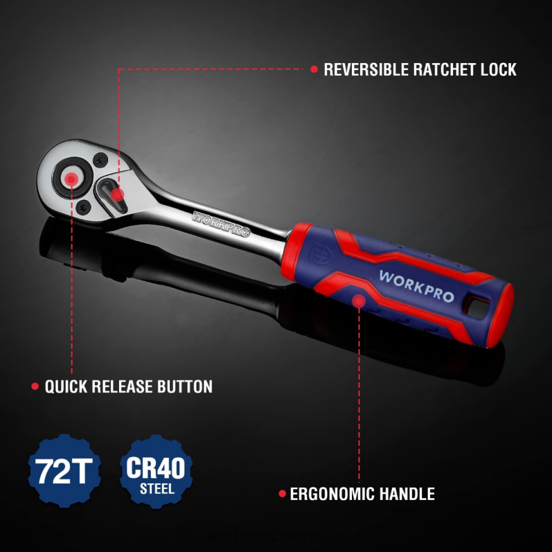 WORKPRO Juego de trinquete de 3 piezas, llave de tubo reversible de liberación rápida de acero 40cr de 72 dientes JP02P91 herramienta útil