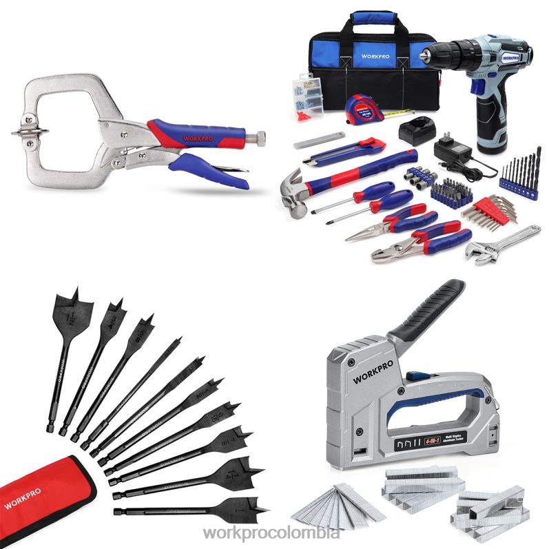 WORKPRO Abrazadera frontal, taladro inalámbrico de 12 V y kit de herramientas para el hogar, juego de brocas de espada profesional de 10 piezas y pistola grapadora 4 en 1 de alta resistencia JP02P318