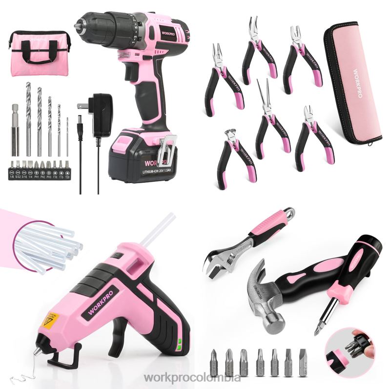 WORKPRO Juego de taladro atornillador inalámbrico de 20 V, minialicates de 6 piezas, kit de herramientas de 10 piezas y pistola de pegamento inalámbrica JP02P316 herramienta rosa