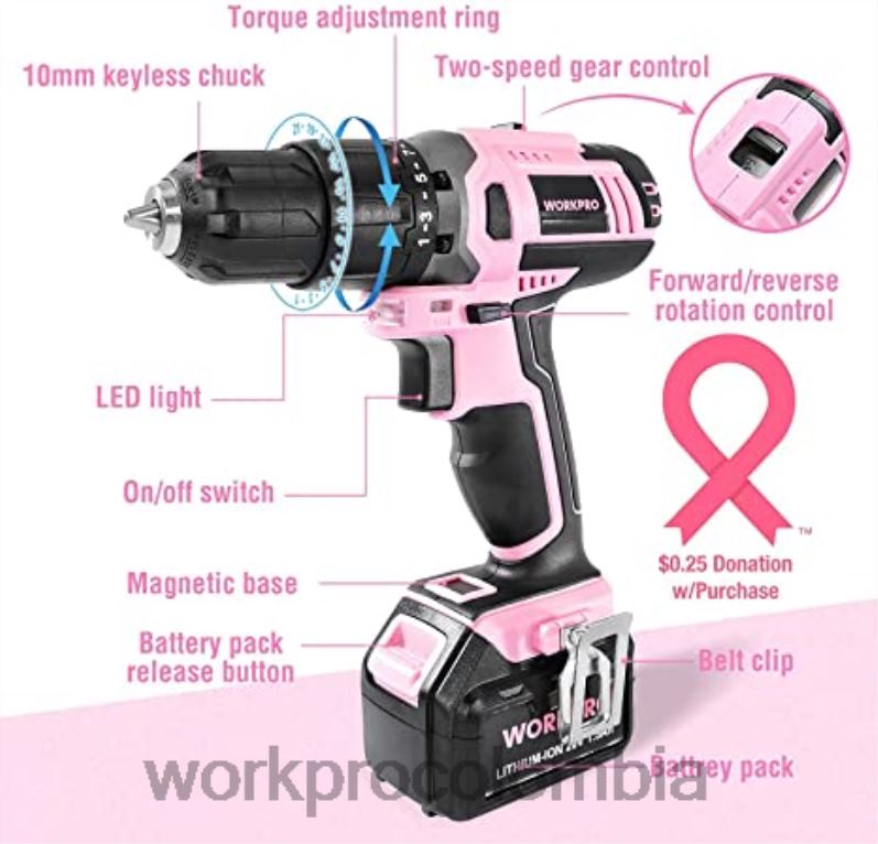 WORKPRO Juego de taladro atornillador inalámbrico de 20 V, minialicates de 6 piezas, kit de herramientas de 10 piezas y pistola de pegamento inalámbrica JP02P316 herramienta rosa
