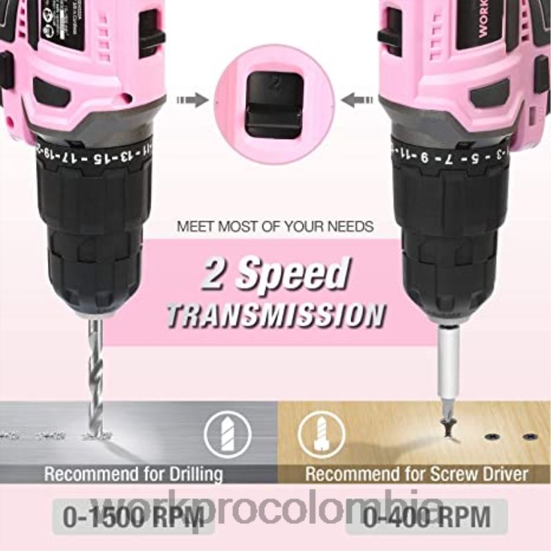 WORKPRO Juego de taladro atornillador inalámbrico de 20 V, minialicates de 6 piezas, kit de herramientas de 10 piezas y pistola de pegamento inalámbrica JP02P316 herramienta rosa