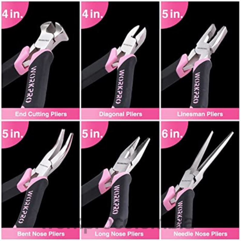 WORKPRO Juego de taladro atornillador inalámbrico de 20 V, minialicates de 6 piezas, kit de herramientas de 10 piezas y pistola de pegamento inalámbrica JP02P316 herramienta rosa