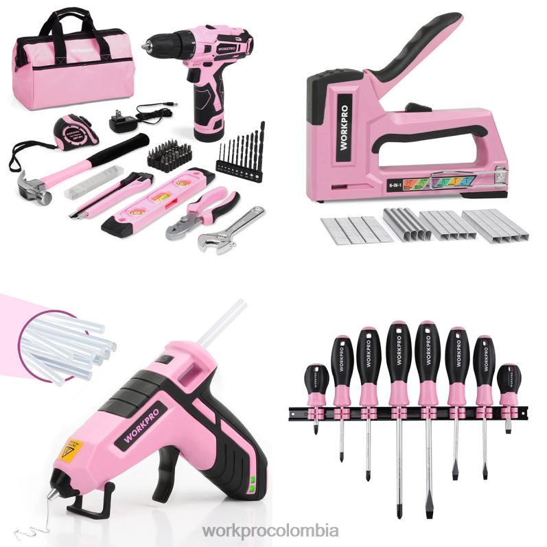 WORKPRO Juego de taladro inalámbrico de 12v, pistola grapadora 6 en 1, juego de destornilladores magnéticos de 8 piezas y pistola de pegamento termofusible inalámbrica JP02P313 herramienta rosa