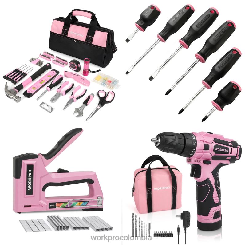 WORKPRO Kit de herramientas de 106 piezas y destornilladores magnéticos de 6 piezas y kit de taladro inalámbrico de 12 V y pistola grapadora 6 en 1 JP02P312 herramienta rosa