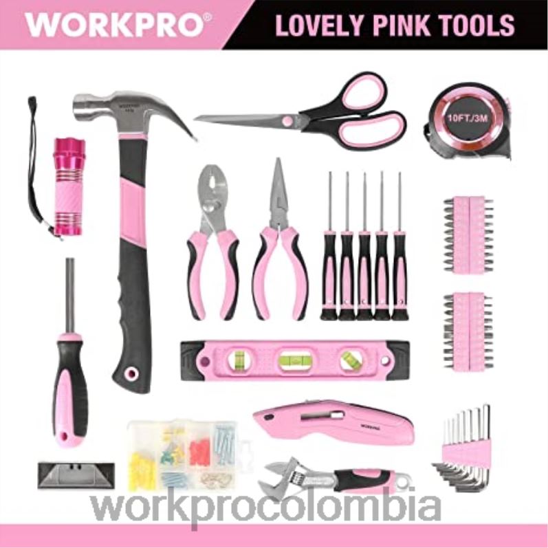 WORKPRO Kit de herramientas de 106 piezas y destornilladores magnéticos de 6 piezas y kit de taladro inalámbrico de 12 V y pistola grapadora 6 en 1 JP02P312 herramienta rosa