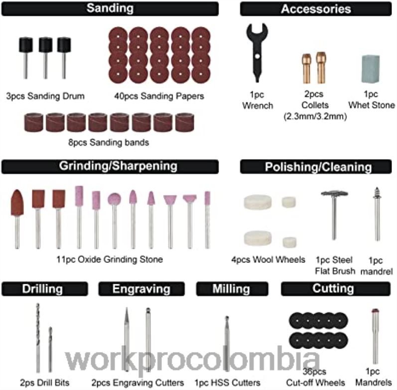 WORKPRO Kit de herramientas rotativas inalámbricas de 12 V, kit de accesorios para herramientas rotativas de 276 piezas, juego de abrazaderas de 8 piezas y kit de pistola grapadora 4 en 1 JP02P317 her