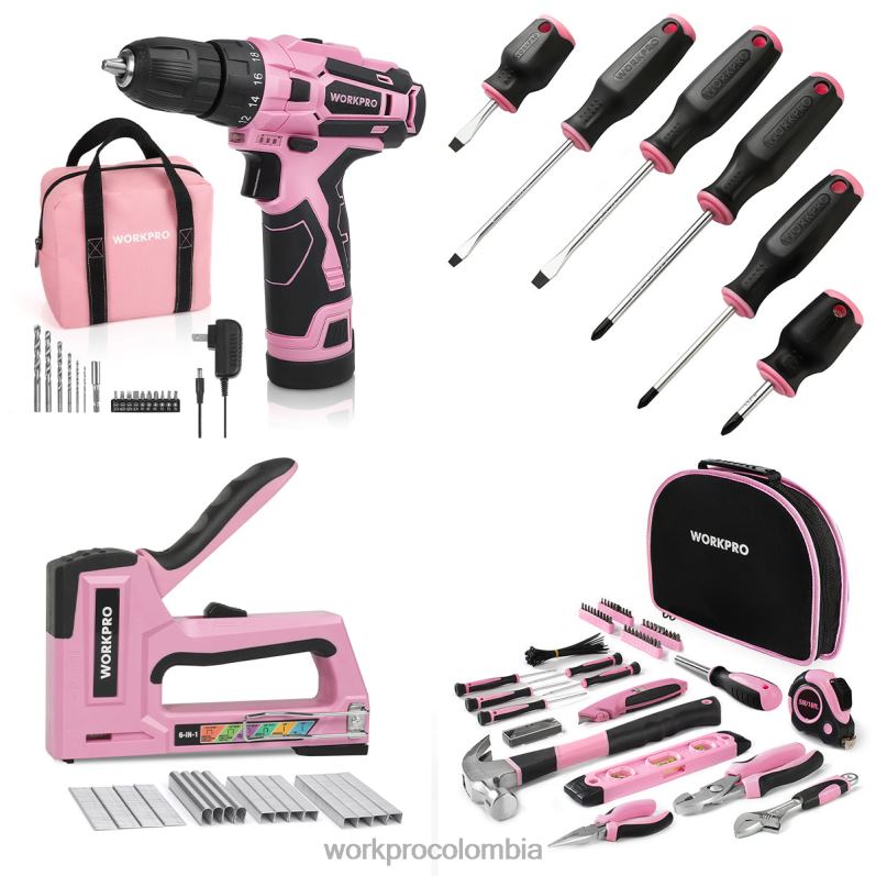 WORKPRO Kit de taladro inalámbrico de 12 V, kit de herramientas de 103 piezas, juego de destornilladores magnéticos de 8 piezas y pistola grapadora 6 en 1 JP02P315 herramienta rosa