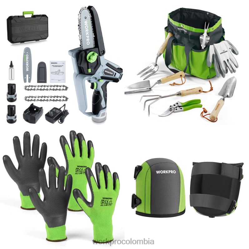 WORKPRO Motosierra inalámbrica, juego de herramientas de jardín de 7 piezas, 2 pares de guantes de jardín y rodilleras de jardín. JP02P314 herramienta útil