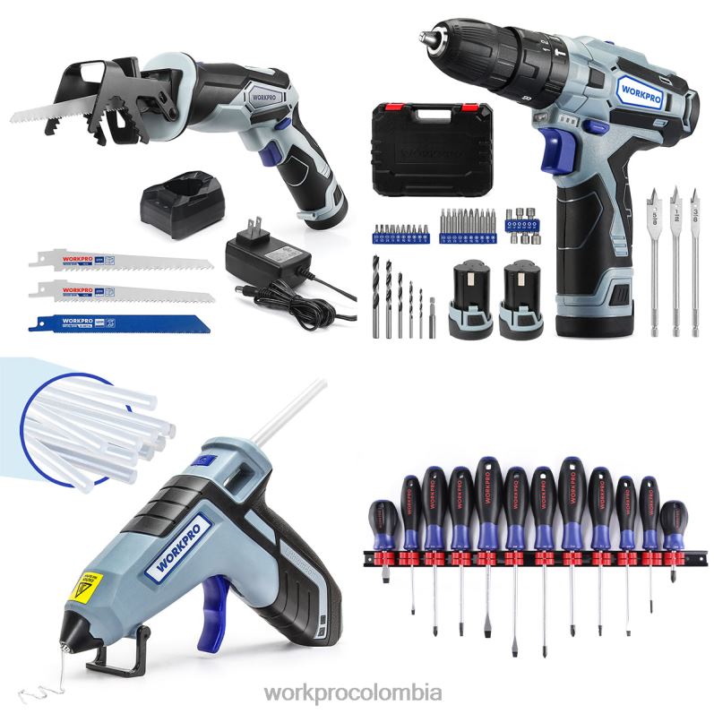WORKPRO Sierra recíproca inalámbrica de 12v, kit de taladro inalámbrico de 12v, juego de destornilladores magnéticos de 12 Uds y Pistola de Pegamento Caliente inalámbrica JP02P321 herramienta útil