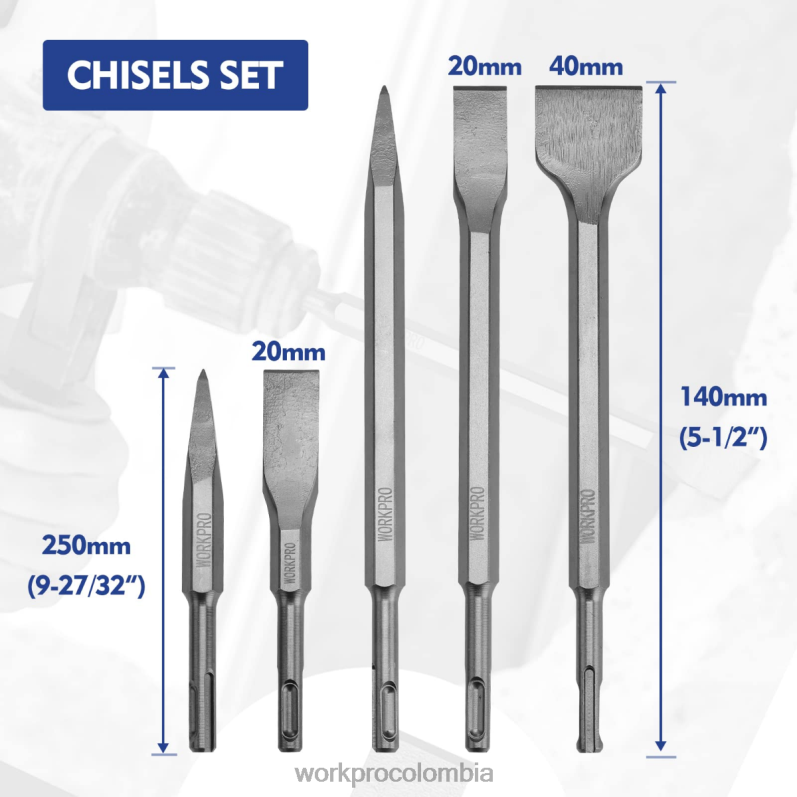 WORKPRO Juego de cinceles y brocas de martillo perforador sds-plus de 17 piezas JP02P199 herramienta útil