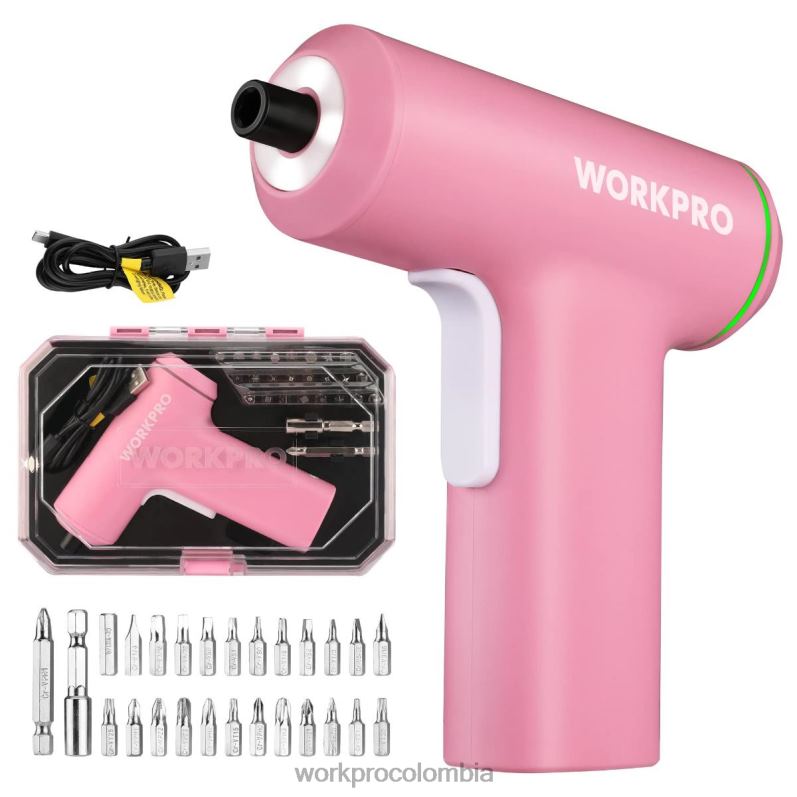 WORKPRO Juego de destornilladores eléctricos inalámbricos con batería de iones de litio recargable por USB de 4v JP02P234 herramienta rosa/negro