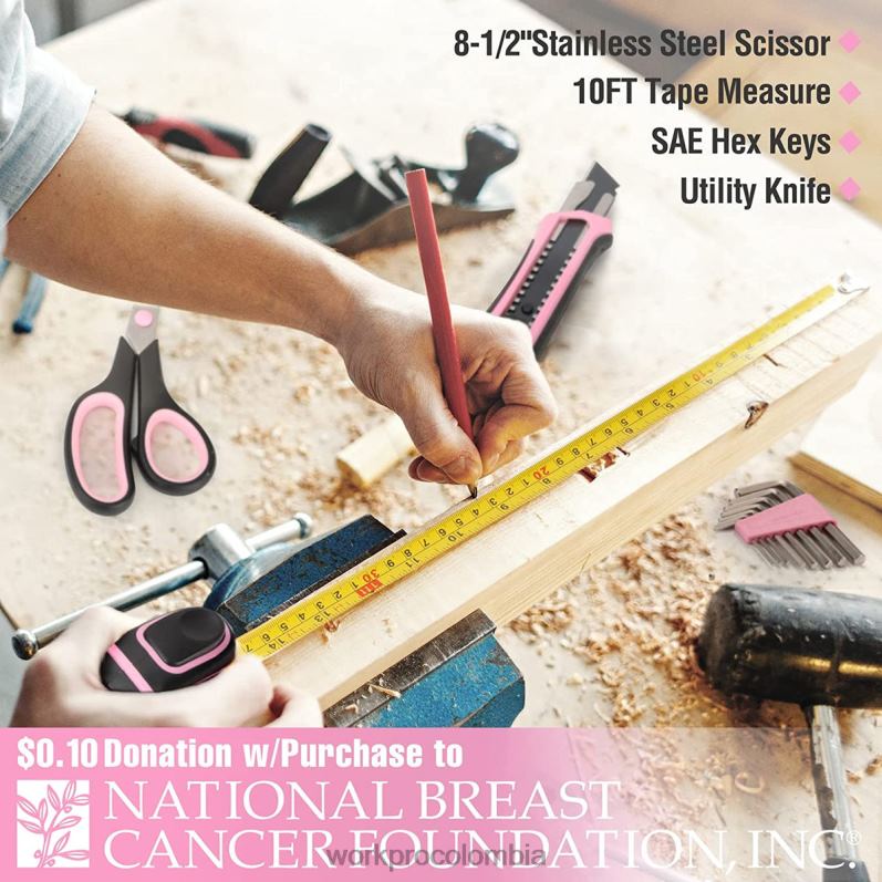WORKPRO Juego de herramientas de 52 piezas, juego de herramientas para el hogar para mujer con caja de herramientas de almacenamiento, juego de herramientas básico - cinta JP02P249 herramienta rosa