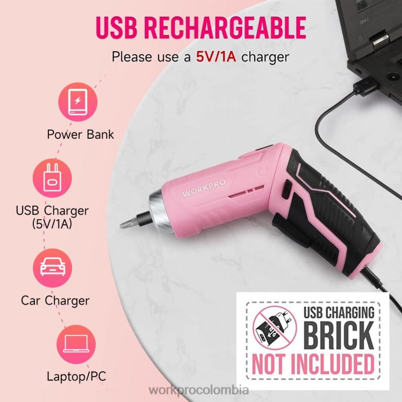 WORKPRO Juego de herramientas de 55 piezas, destornillador inalámbrico giratorio de 3,7 V y kit de herramientas para el hogar JP02P264 herramienta rosa