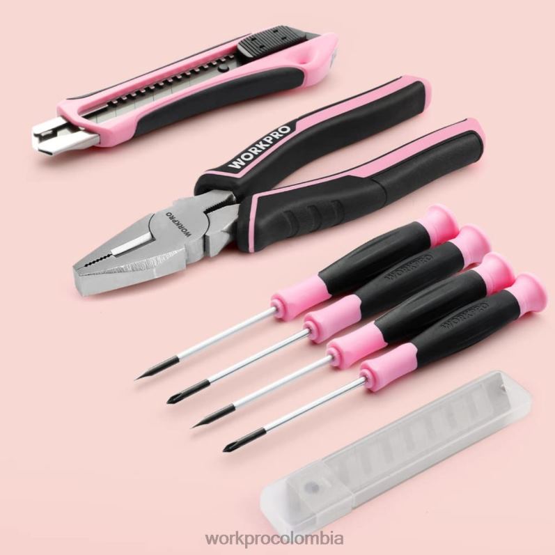 WORKPRO Juego de herramientas de 55 piezas, destornillador inalámbrico giratorio de 3,7 V y kit de herramientas para el hogar JP02P264 herramienta rosa
