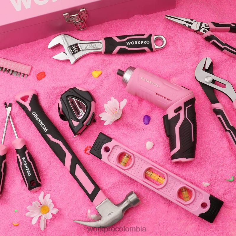 WORKPRO Juego de herramientas de 75 piezas, destornillador inalámbrico giratorio de 3,7 V y kit de herramientas para el hogar JP02P260 herramienta rosa