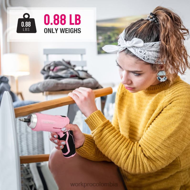 WORKPRO Juego de herramientas de 75 piezas, destornillador inalámbrico giratorio de 3,7 V y kit de herramientas para el hogar JP02P260 herramienta rosa