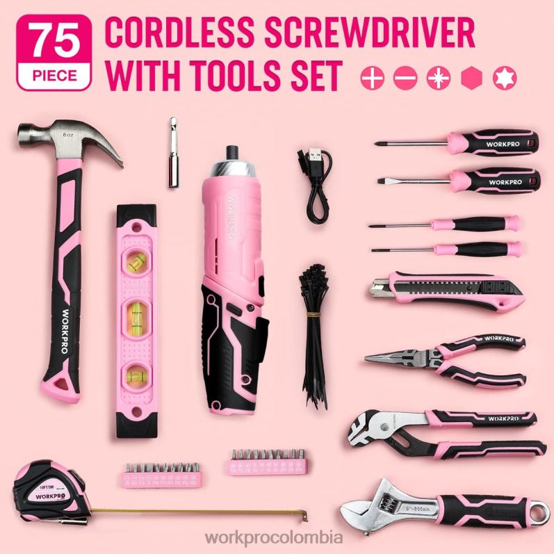 WORKPRO Juego de herramientas de 75 piezas, destornillador inalámbrico giratorio de 3,7 V y kit de herramientas para el hogar JP02P260 herramienta rosa
