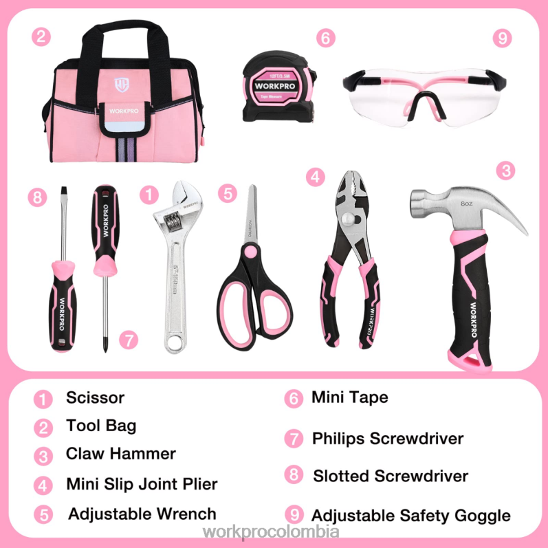WORKPRO Juego de herramientas junior para niños de 9 piezas con bolsa de herramientas JP02P253 herramienta rosado azul