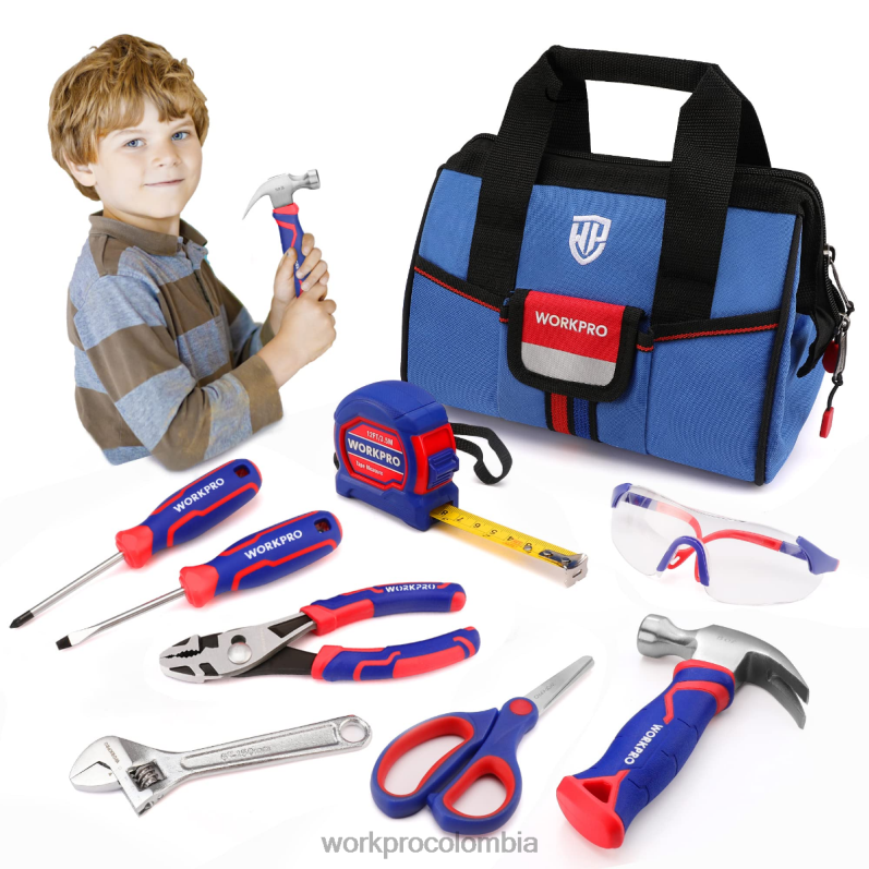 WORKPRO Juego de herramientas junior para niños de 9 piezas con bolsa de herramientas JP02P253 herramienta rosado azul