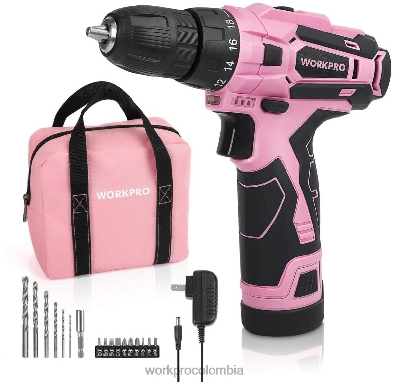 WORKPRO Juego de taladro y destornillador inalámbrico, destornillador eléctrico de 12v, kit de herramientas para mujer JP02P263 herramienta rosa