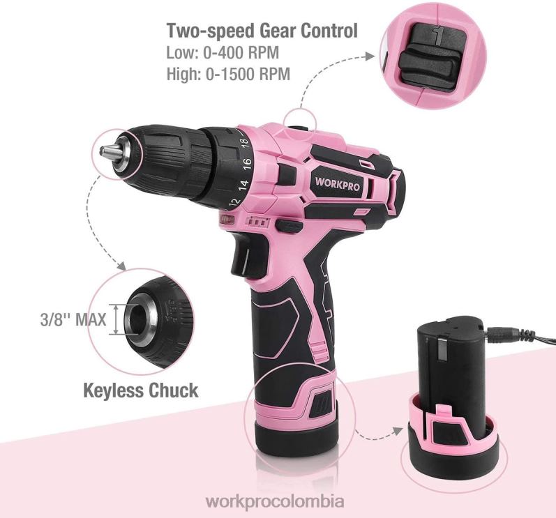 WORKPRO Juego de taladro y destornillador inalámbrico, destornillador eléctrico de 12v, kit de herramientas para mujer JP02P263 herramienta rosa