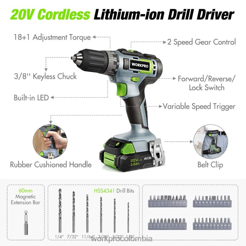 WORKPRO Kit combinado de taladro inalámbrico de 157 piezas con iones de litio inalámbricos de 20 V JP02P259 herramienta rosa/gris