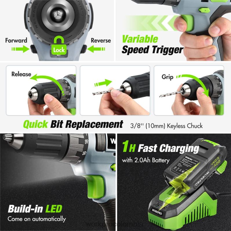 WORKPRO Kit combinado de taladro inalámbrico de 157 piezas con iones de litio inalámbricos de 20 V JP02P259 herramienta rosa/gris