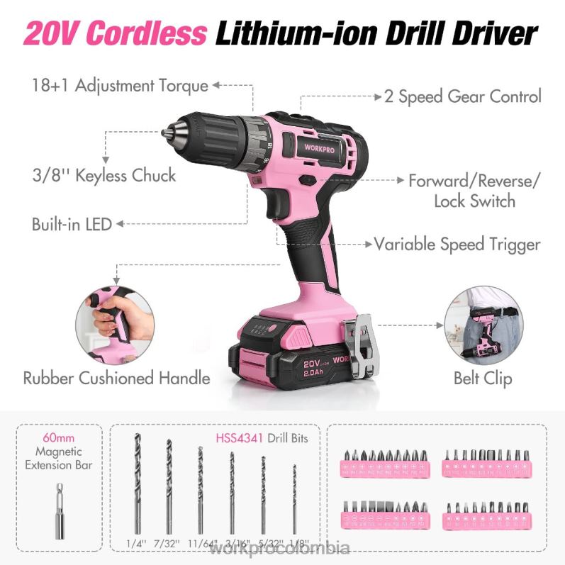 WORKPRO Kit combinado de taladro inalámbrico de 157 piezas con iones de litio inalámbricos de 20 V JP02P259 herramienta rosa/gris