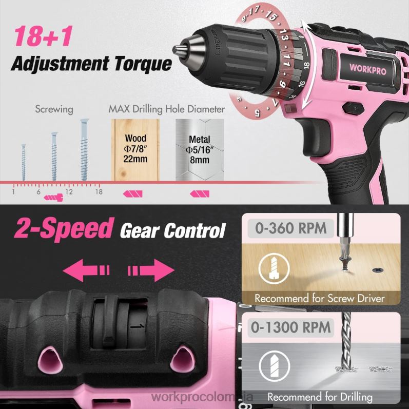 WORKPRO Kit combinado de taladro inalámbrico de 157 piezas con iones de litio inalámbricos de 20 V JP02P259 herramienta rosa/gris