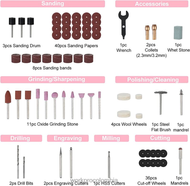 WORKPRO Kit de herramientas rotativas inalámbricas de 12 V, 5 velocidades variables, 114 accesorios de fácil cambio JP02P267 herramienta rosa