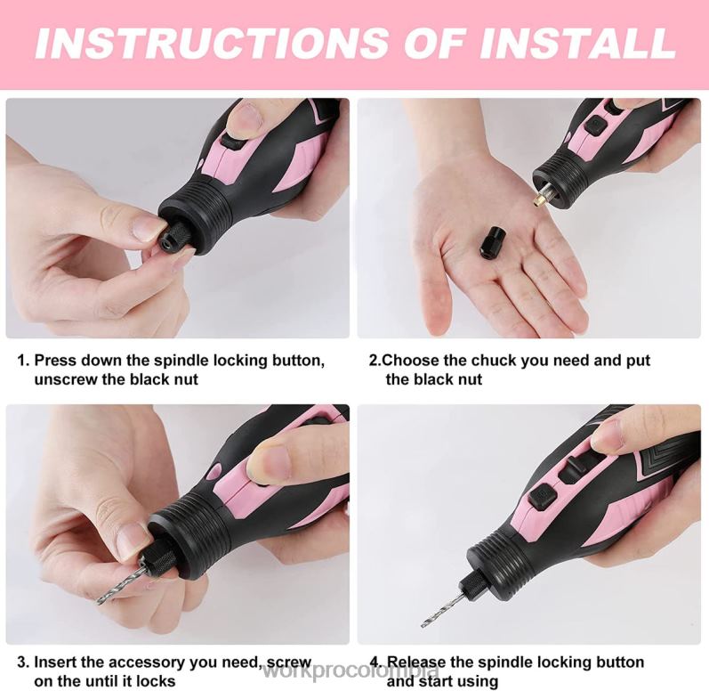 WORKPRO Kit de herramientas rotativas inalámbricas de 12 V, 5 velocidades variables, 114 accesorios de fácil cambio JP02P267 herramienta rosa