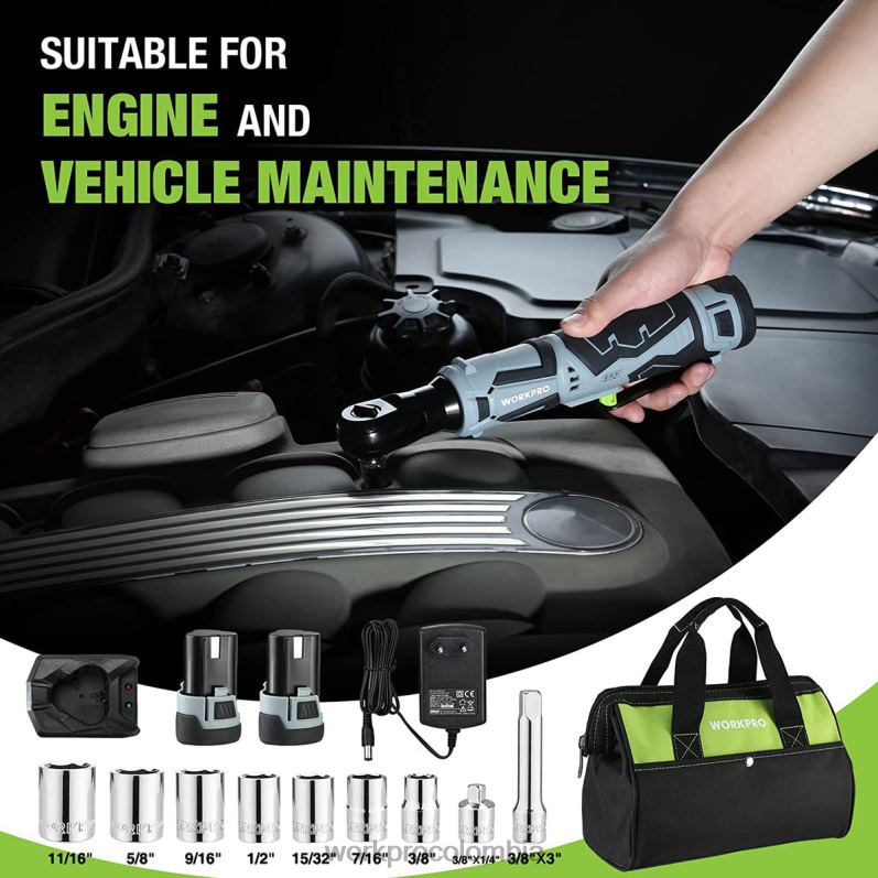 WORKPRO Llave de trinquete eléctrica inalámbrica, juego de 9 piezas de llave de trinquete eléctrica de 12 V y 40 pies-libras JP02P227 herramienta útil